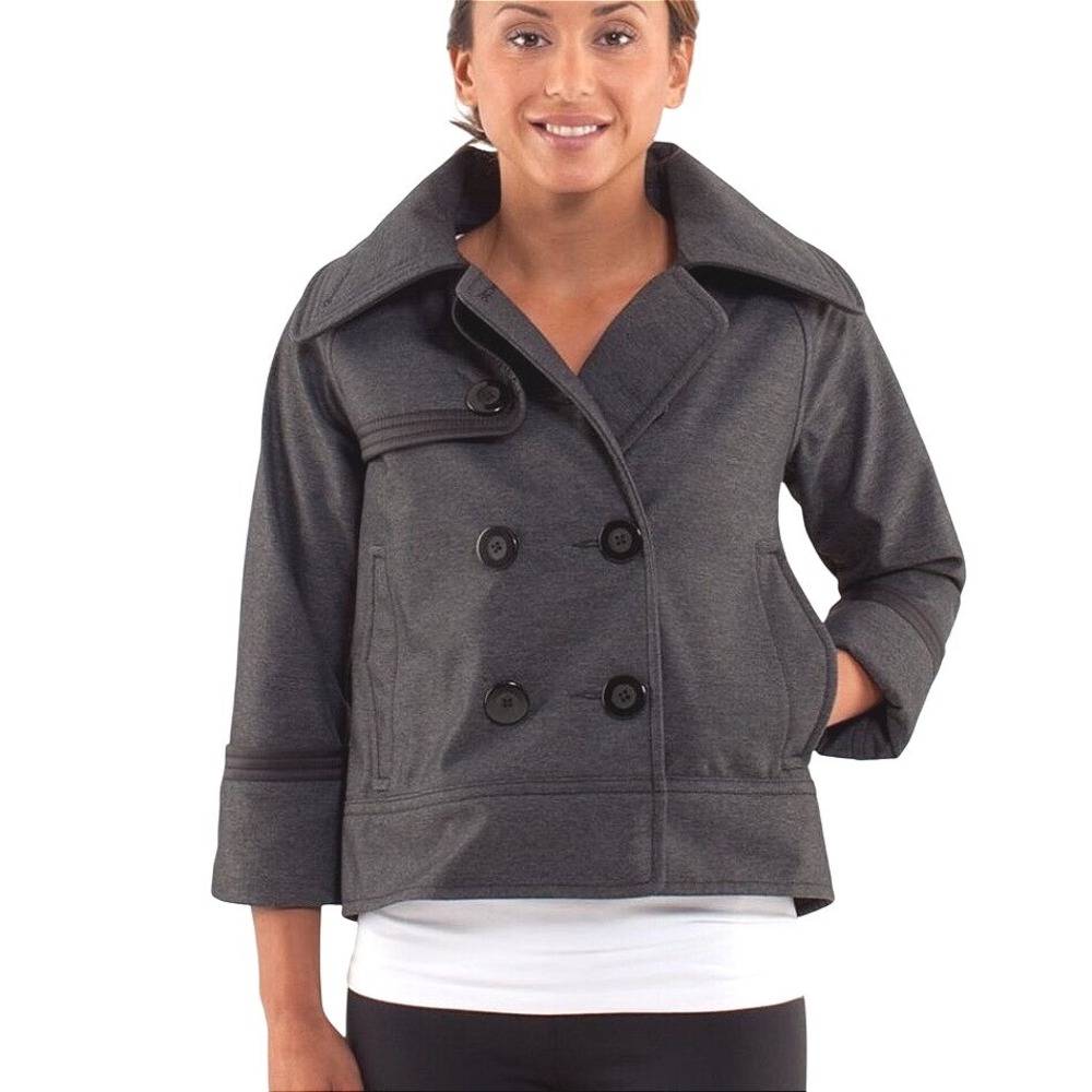 Lululemon Coco Softshell Crop Jacket Gray Peacoat Double Breasted Size 4